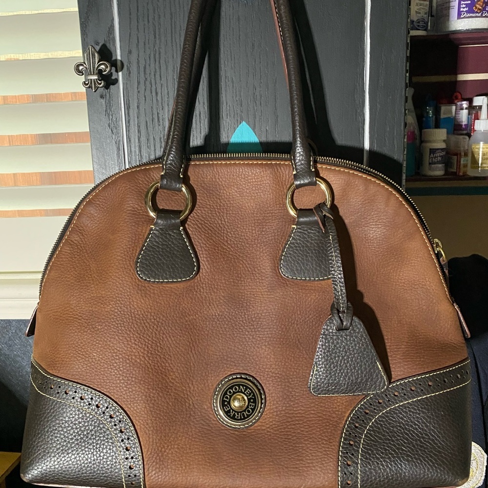 Dooney & Bourke Brown Nubuck and Pebbled Leather Domed Satchel Bag.​